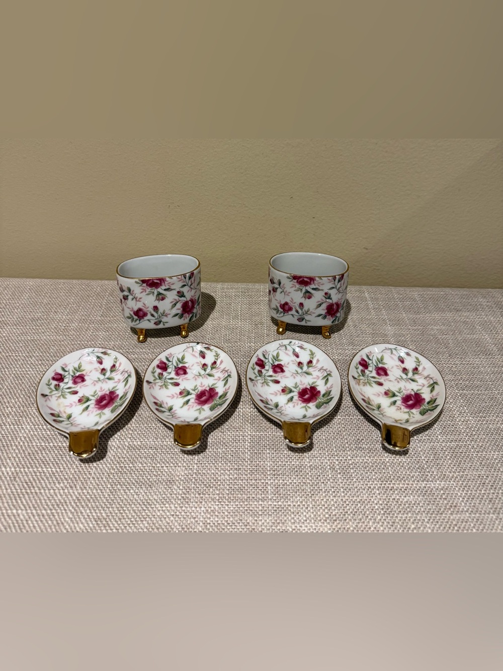 Vintage Lefton Rose Chintz Porcelain Cigarette Holder Ashtray Set 6pc
